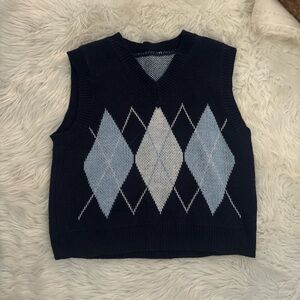 SHEIN Navy Argyle V-Neck Sweater Vest - Navy & Light Blue
